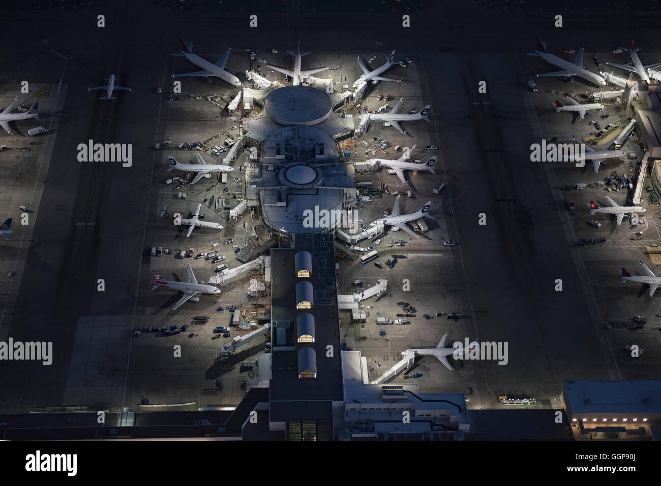 Aerial view of airplanes parked in airport gate Stock Photo