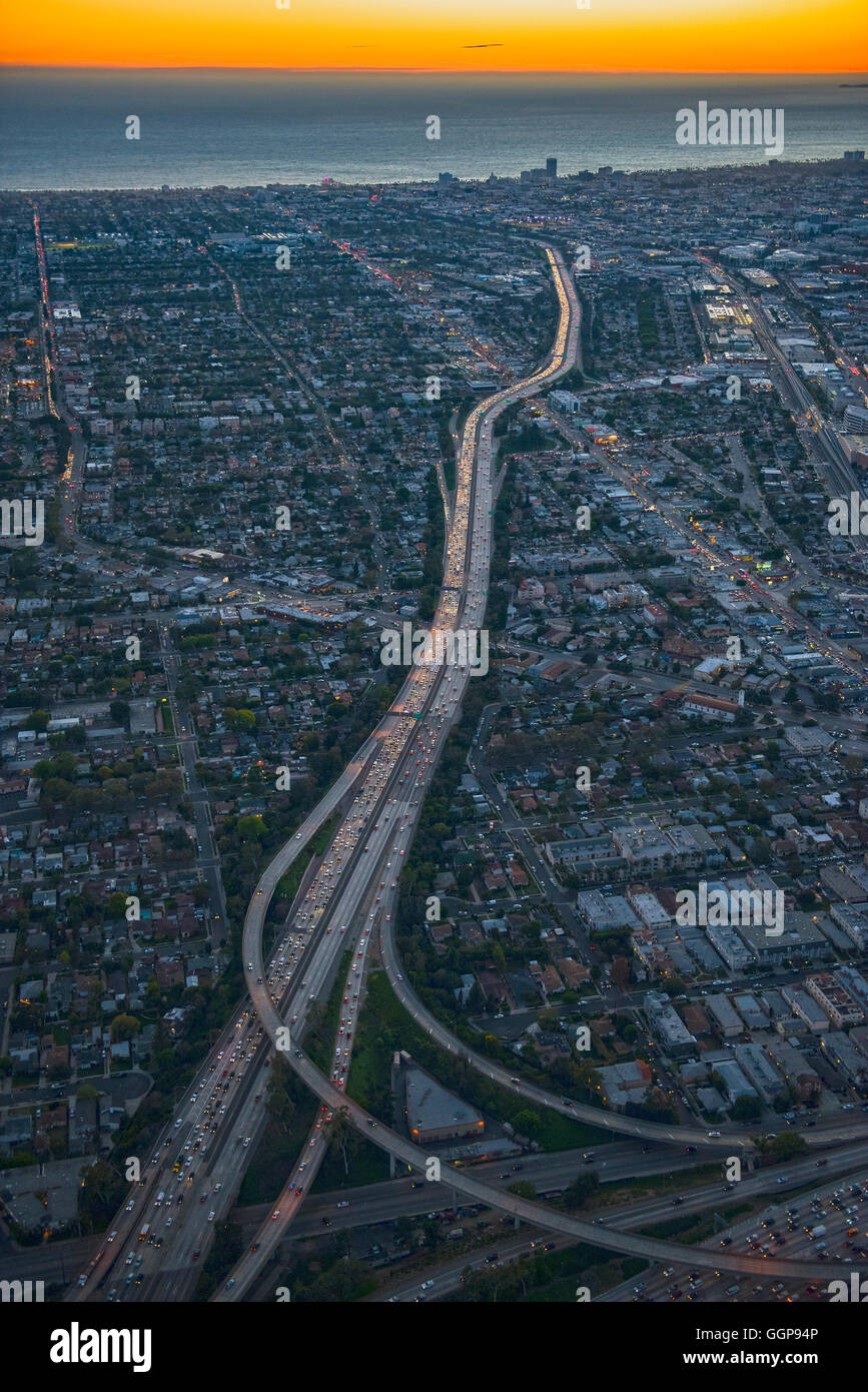 Aerial view of highways in Los Angeles cityscape, California, United States Stock Photo