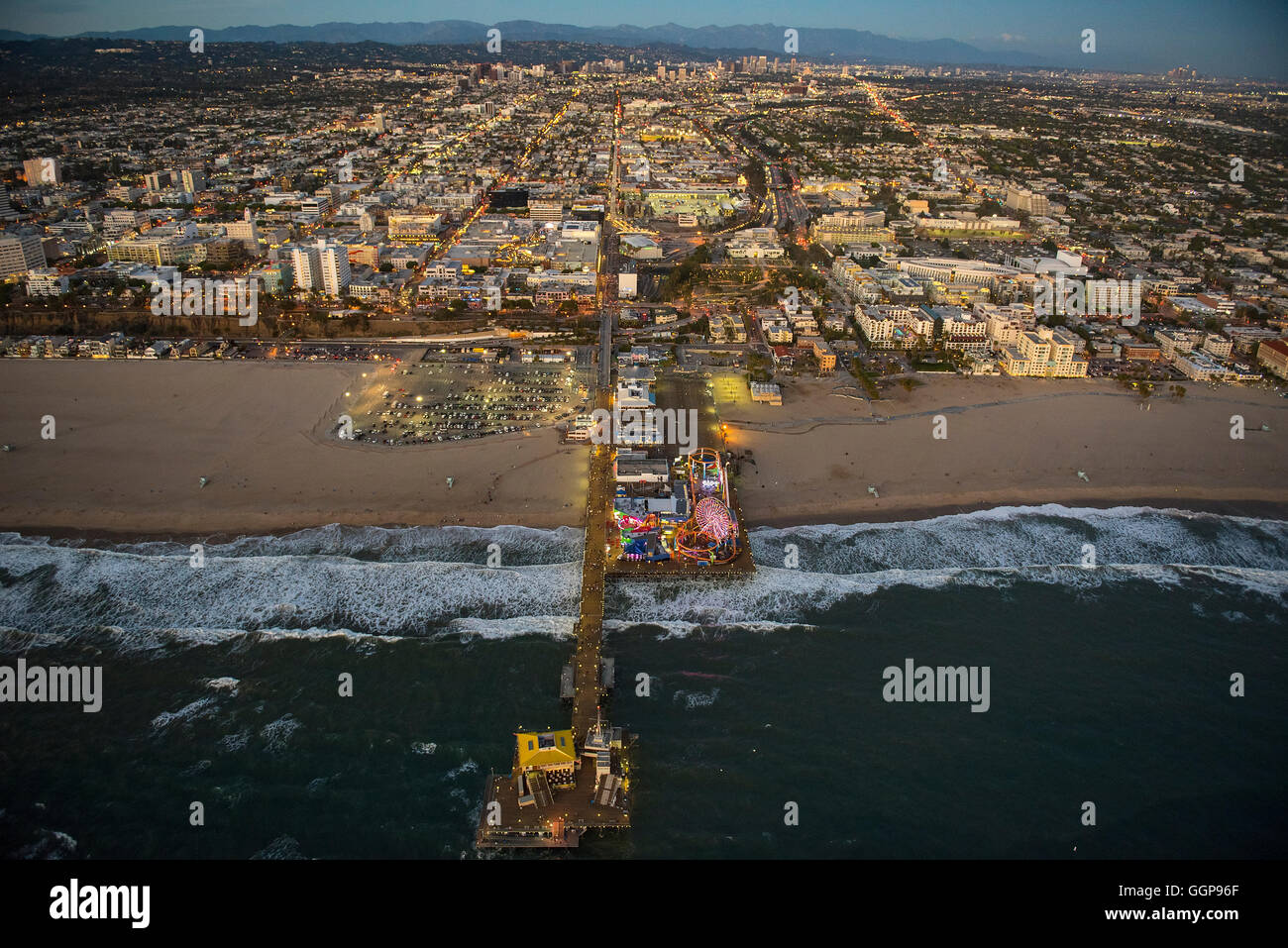 Aerial view of Santa Monica Pier in Los Angeles cityscape, California, United States Stock Photo