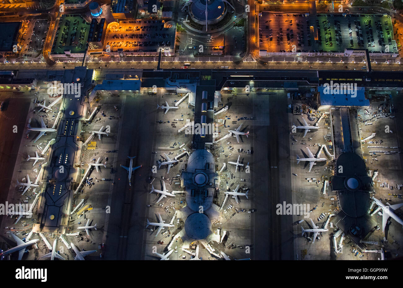 Aerial view of airplanes parked in airport gates Stock Photo