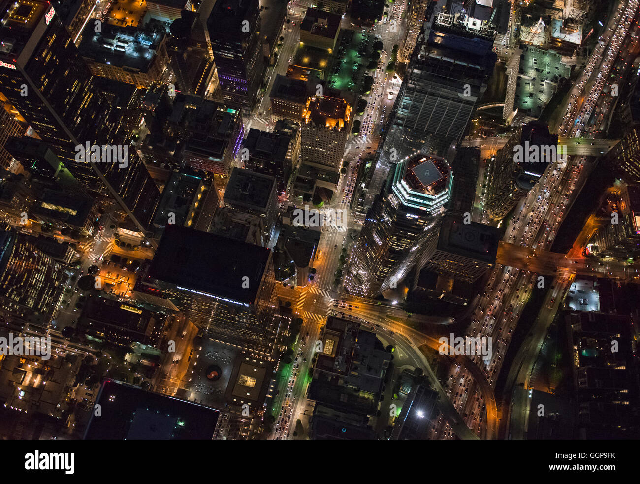 Aerial view of Los Angeles cityscape lit up at night, California, United States Stock Photo