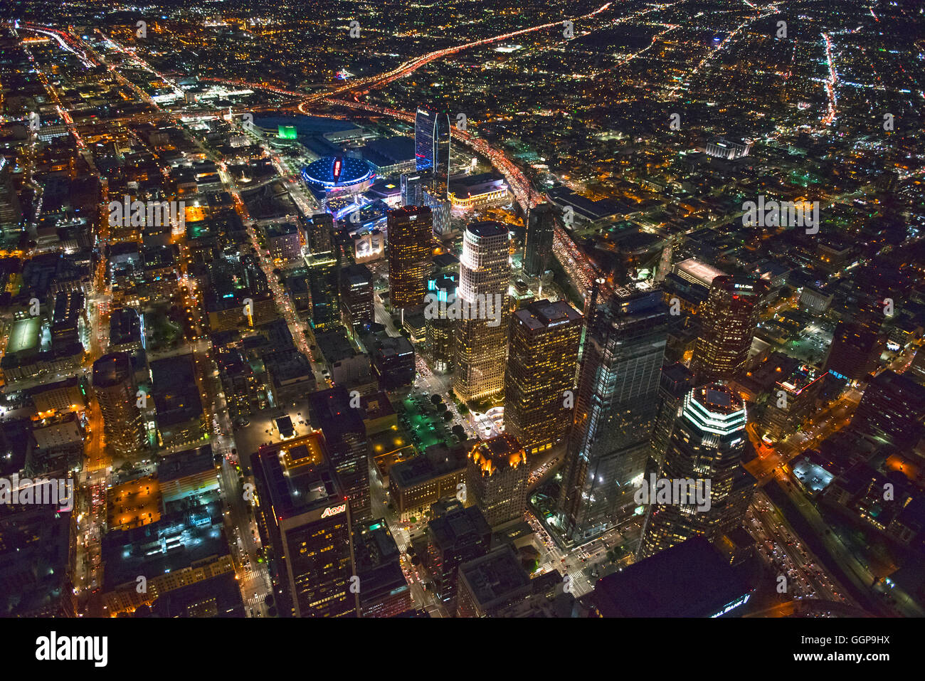 Aerial view of Los Angeles cityscape lit up at night, California, United States Stock Photo