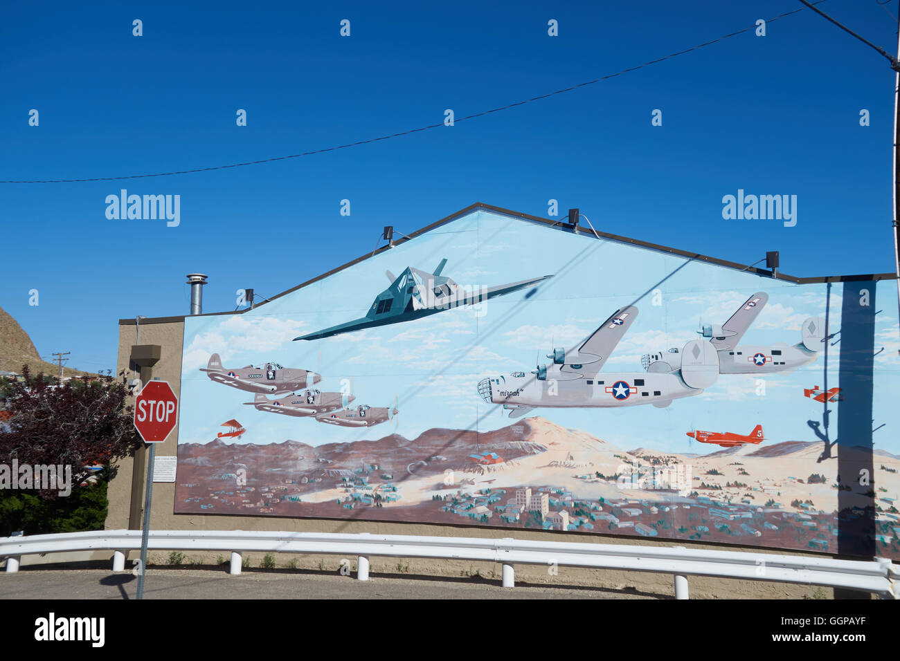 War plane mural on wall of building.Tonopah. Nevada. USA Stock Photo