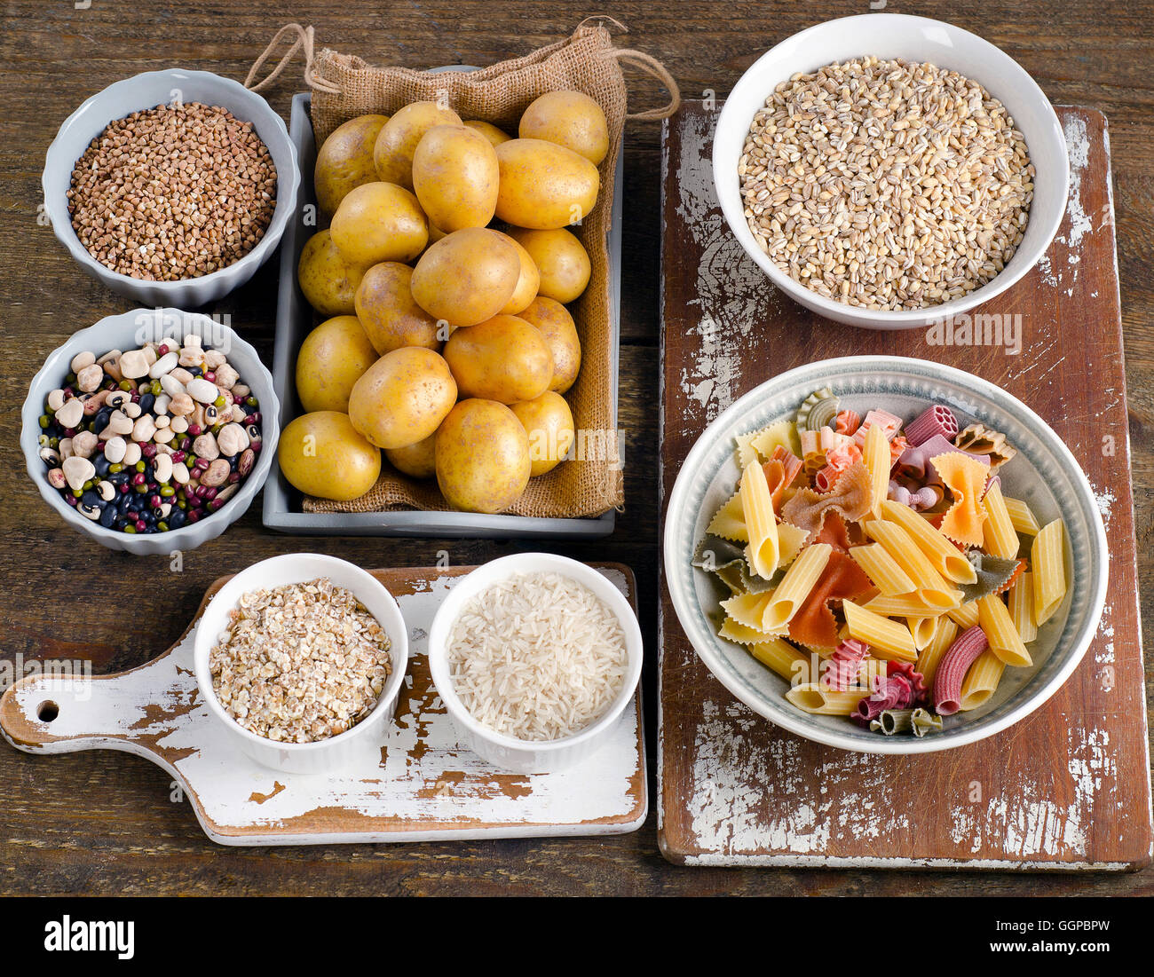 Healthy Food: Best Sources of Carbs on a wooden background. Top view Stock Photo