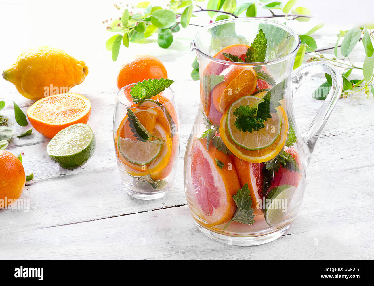 Pitcher and glass with citrus fruits and mint. Stock Photo