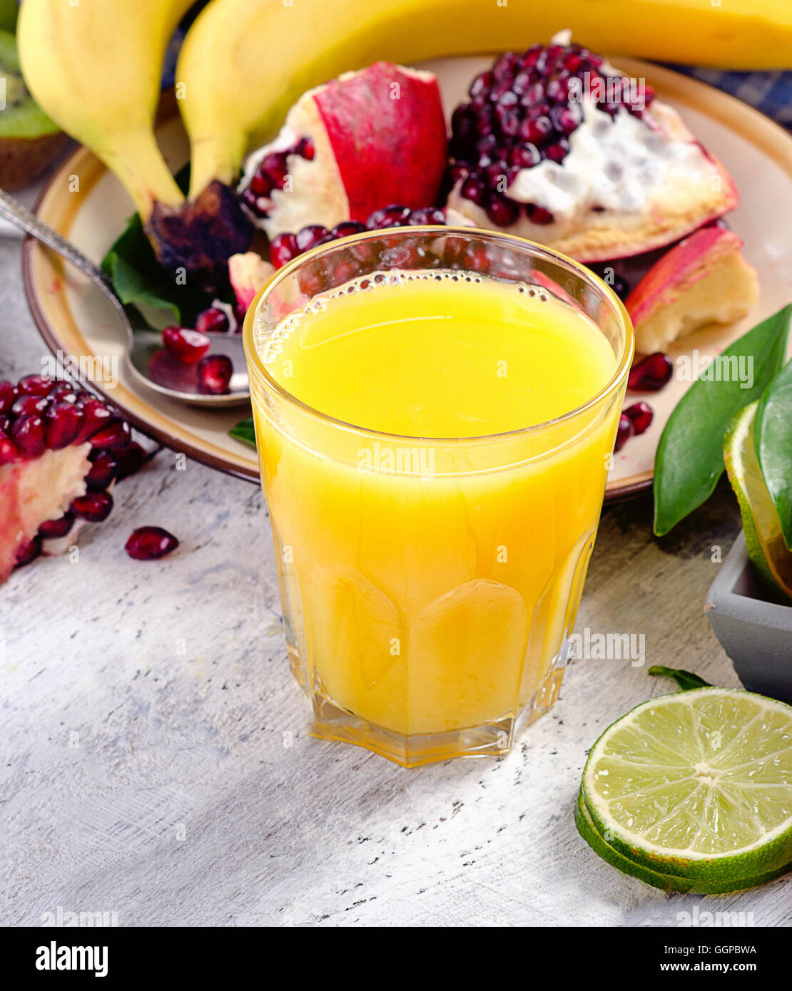 Citrus juice, fruits and berries. Healthy eating. Top view Stock Photo