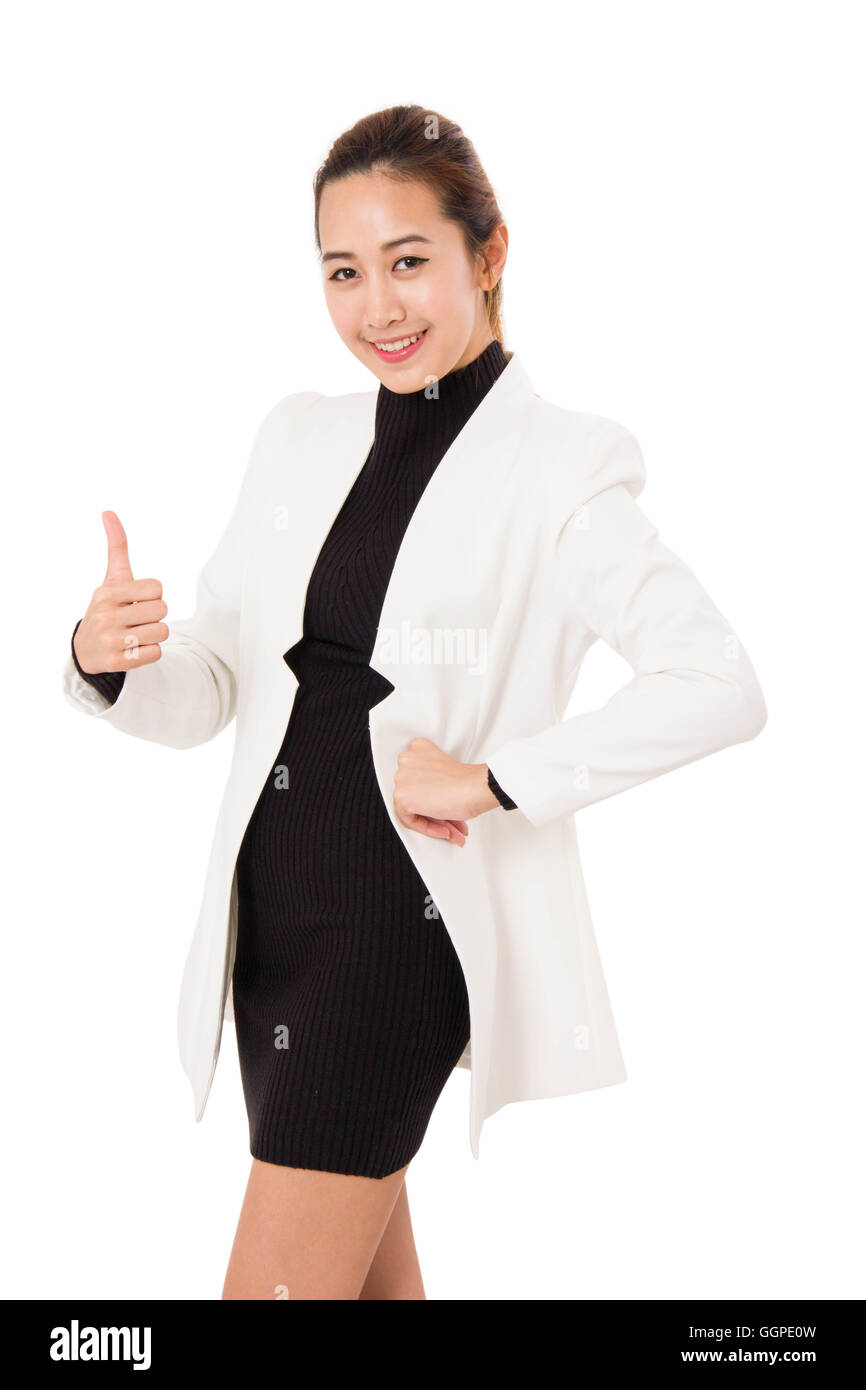 Portrait of smiling business woman Shows Thumb Up, isolated on white ...