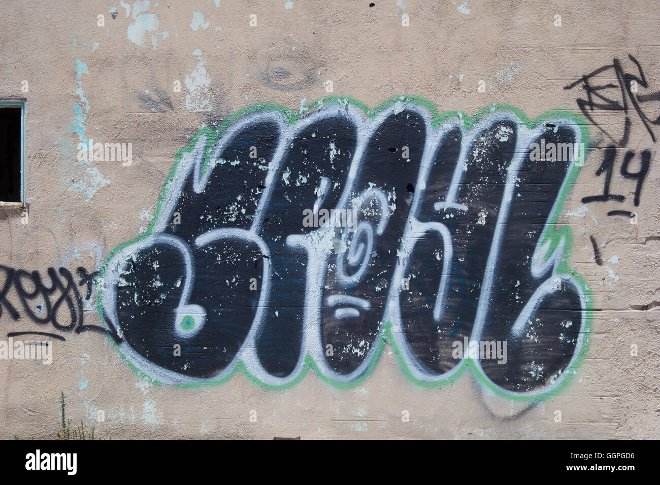 D Rafit Draffit on wall of derelict building at side of highay. Nevada. USA ...