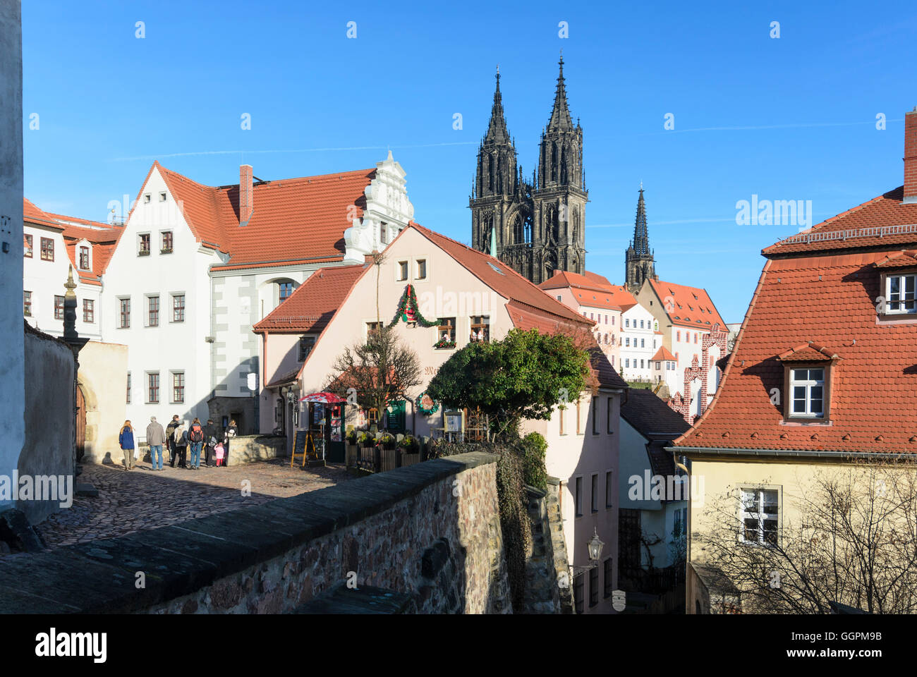 Meißen: View from the Freiheit with the restaurant Meissner Burgstuben the cathedral, Germany, Sachsen, Saxony, Stock Photo