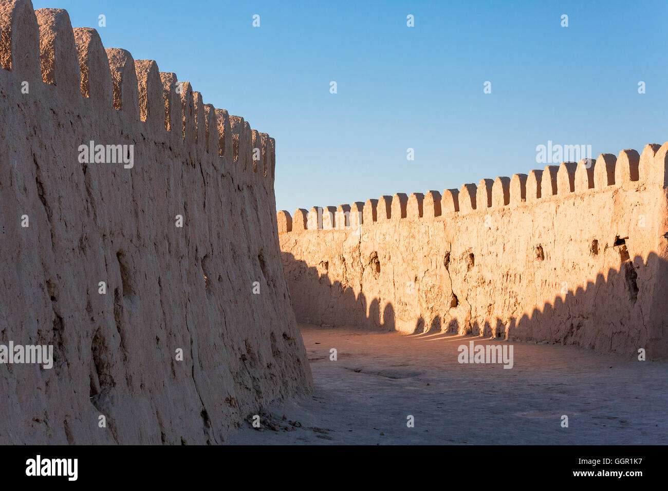 Ancient city walls of the city of Khiva in Uzbekistan. Stock Photo