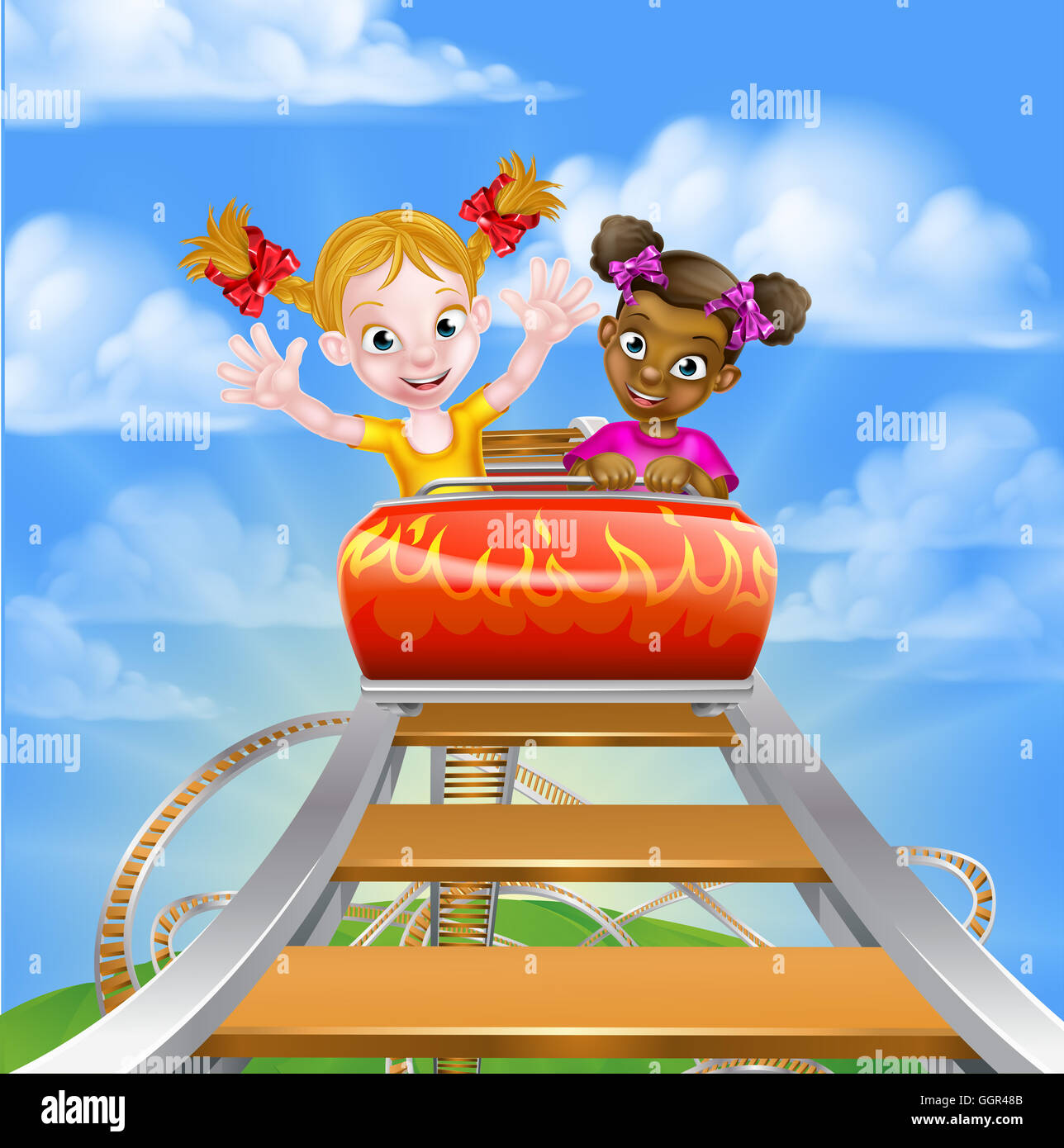 Cartoon girls riding on a roller coaster ride at a theme park or amusement park Stock Photo