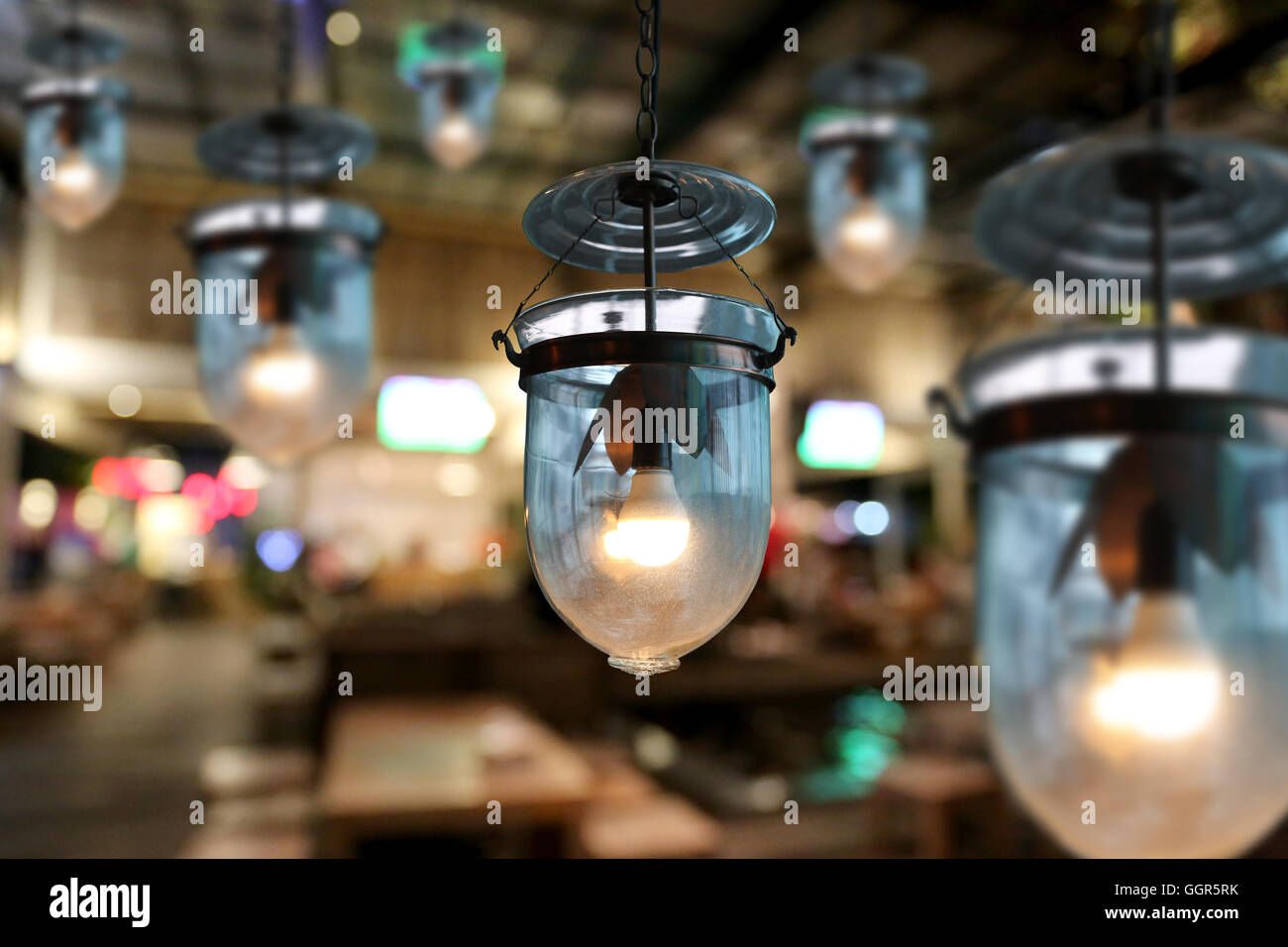 Warm lighting modern ceiling lamps in the cafe and interior decoration ...