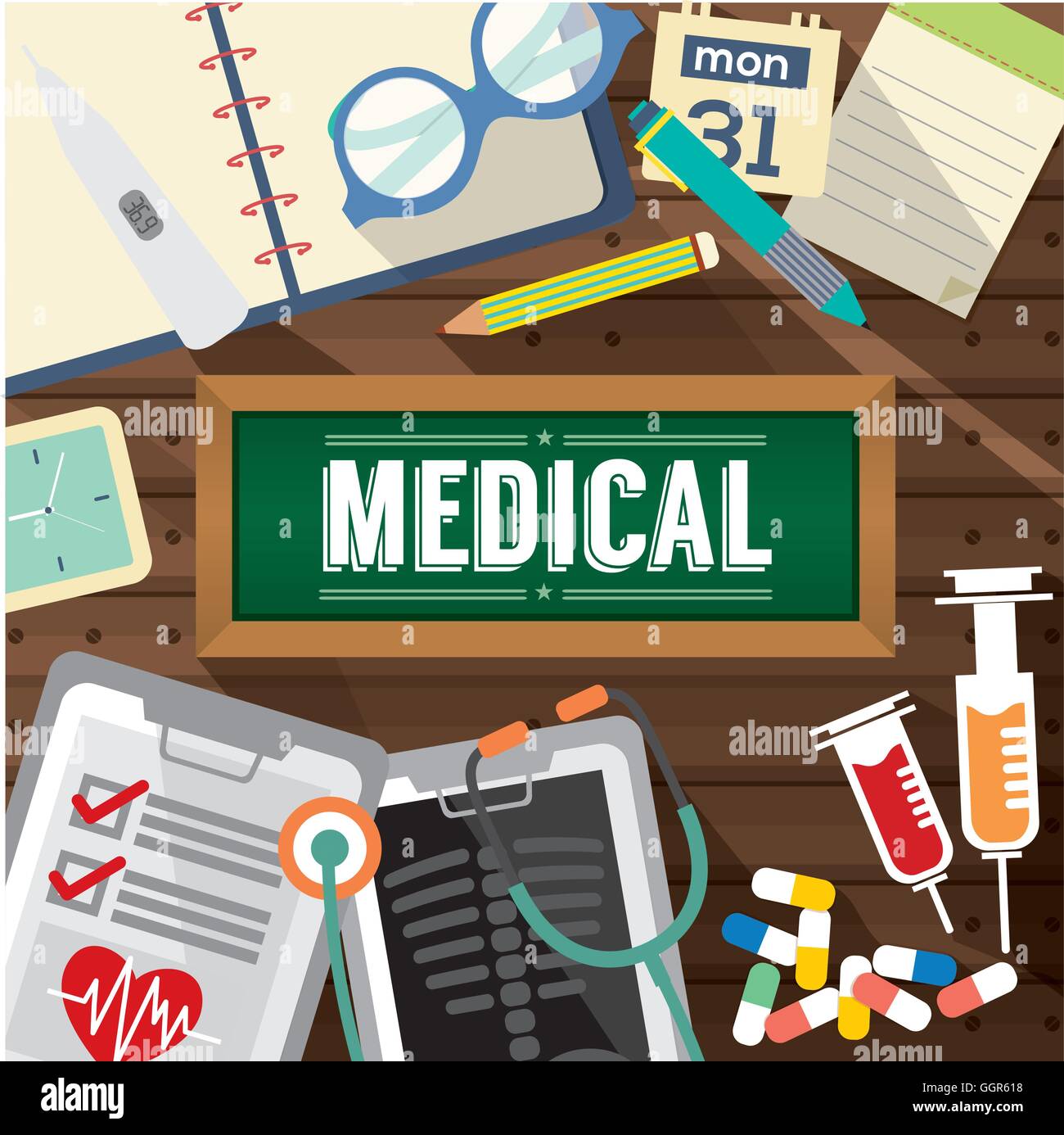 Top View Of Medicine Tablets, Hypodermic Syringe And Diagnosis Paper Medical Concept Vector