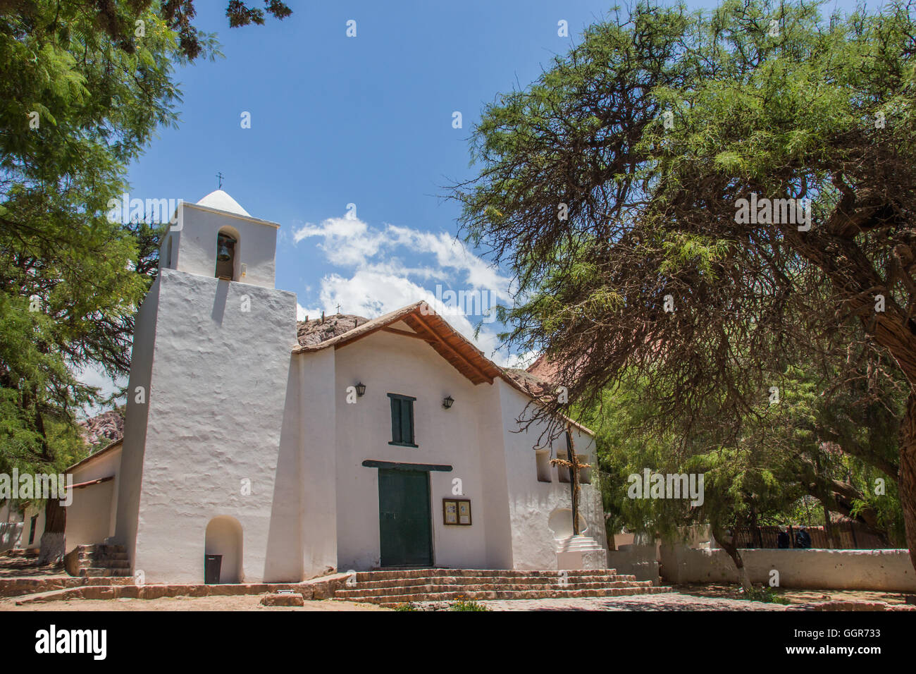 White church in indigenous village Purmamarca, Argentina. Stock Photo