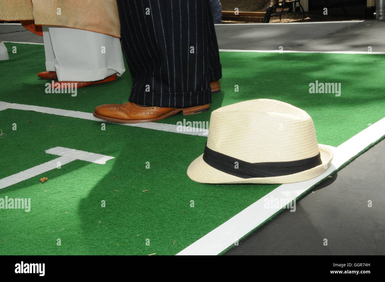 Panama hat on the games court, at the Chap Olympiad, in London's Bedford Square. Stock Photo