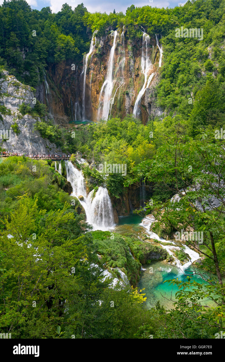 In Croatia, waterfalls of the Plitvice Lakes National Park (Large waterfall of the Plitvica river at the Lower Lakes). Stock Photo