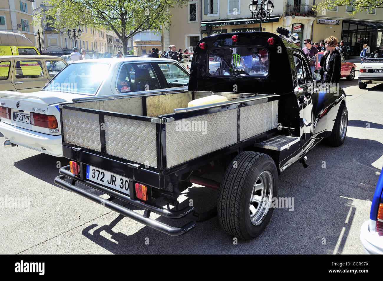 Old Peugeot 403 renovated and modified photographed vintage car rally Town Hall Square in the town of Ales Stock Photo