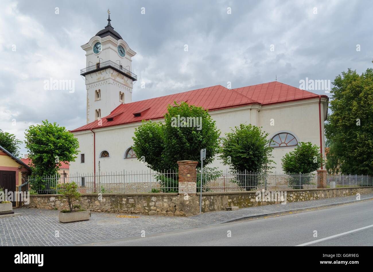 Parish Church of the Nativity of the Blessed Virgin Mary with Romanesque tower in Spisske Podhradie, Slovakia. Stock Photo
