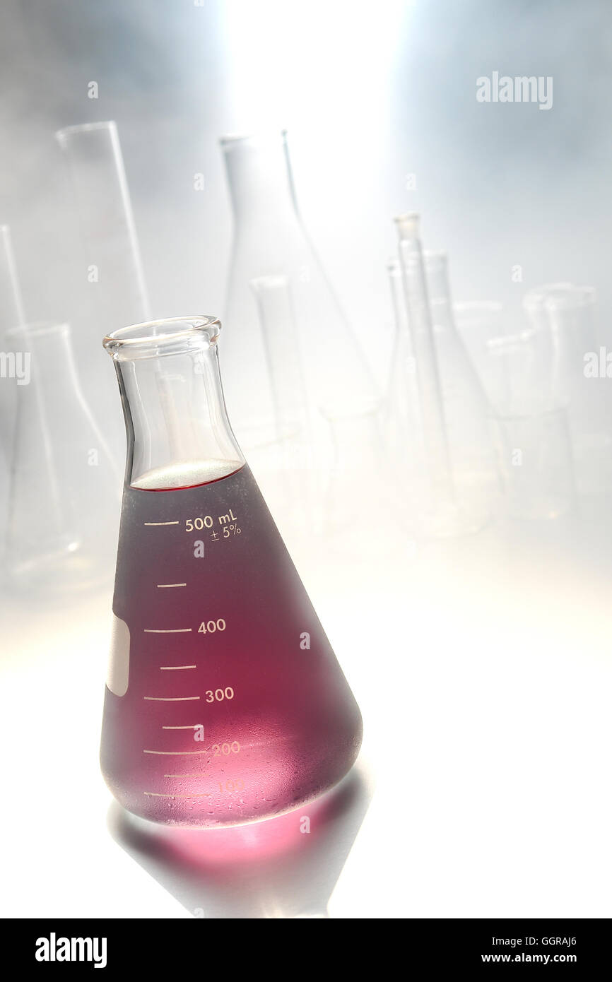 Scientific laboratory glass conical Erlenmeyer flask filled with cold