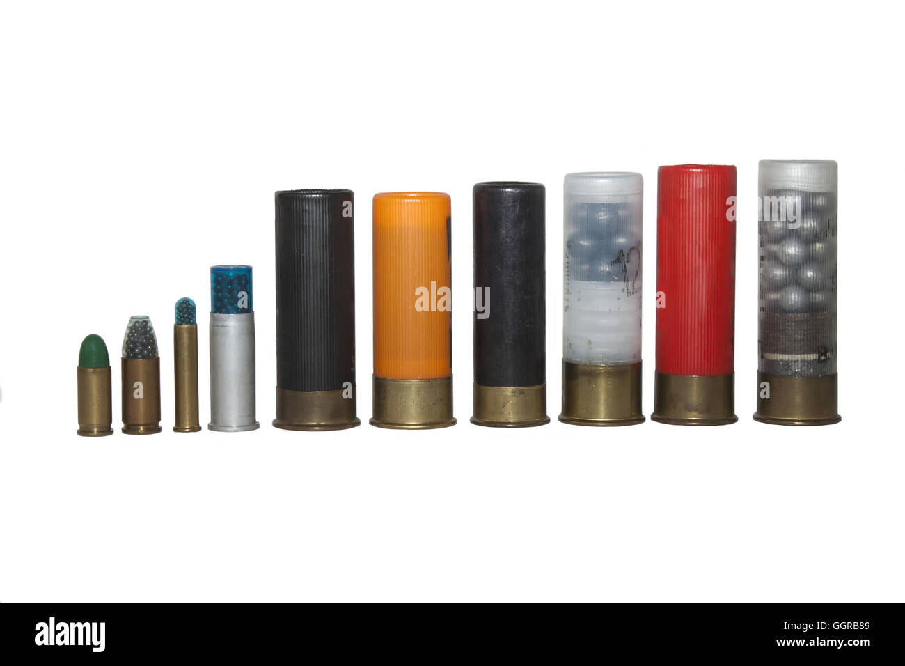 shotgun shells, various types and caliber, isolated on white background Stock Photo