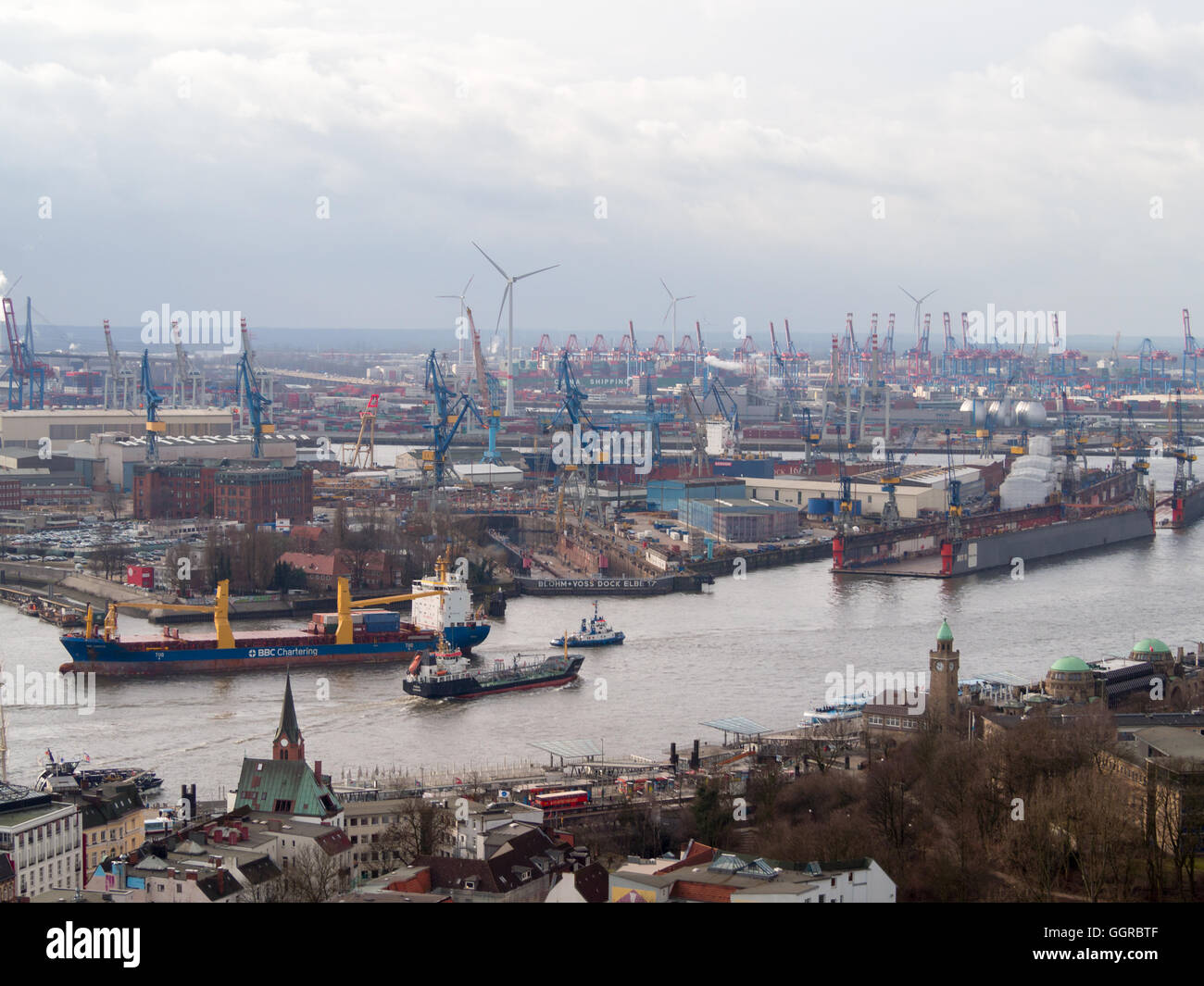 Hamburg port general view from Hauptkirche St. Michaelis Stock Photo