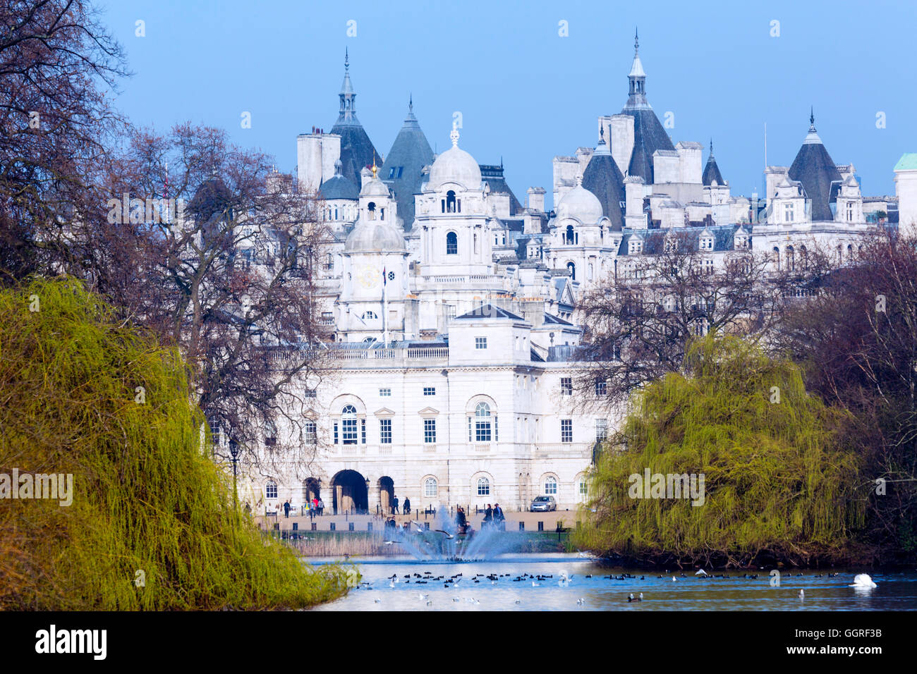 London - View of Horse Guards, HQ of the Queen's Life Guard and Whitehall from St. James' Park Stock Photo