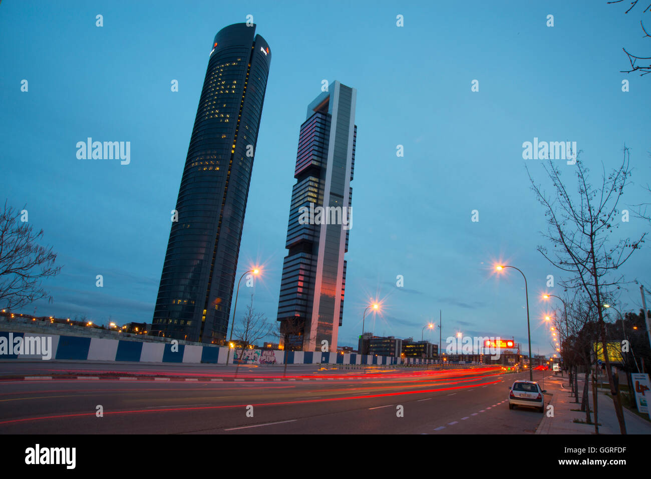 Sacyr Tower and Bankia Tower at nightfall. CTBA, Madrid, Spain. Stock Photo