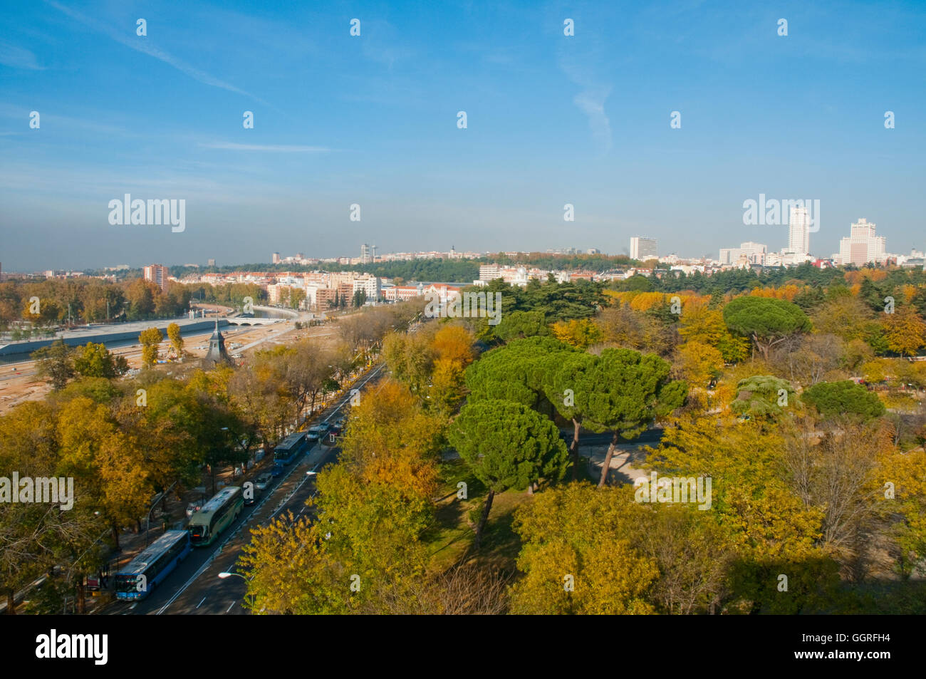 Overview of Atenas park and Paseo Virgen del Puerto in Autumn. Madrid, Spain. Stock Photo