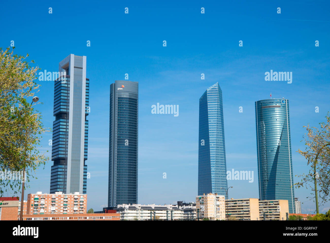 Cuatro Torres Business Area viewed from Chamartin. Madrid, Spain. Stock Photo