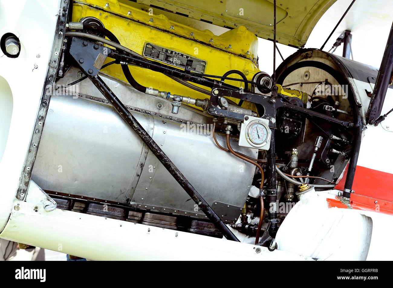 Detail of an engine of an old biplane Stampe on the Mende airfield in the French department of Gard Stock Photo