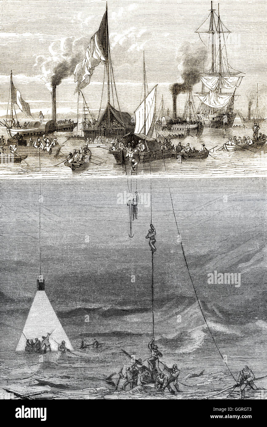 Searching the sunken treasure of the Battle of Vigo Bay, Ria of Vigo, Galicia, Spain, 19th century Stock Photo