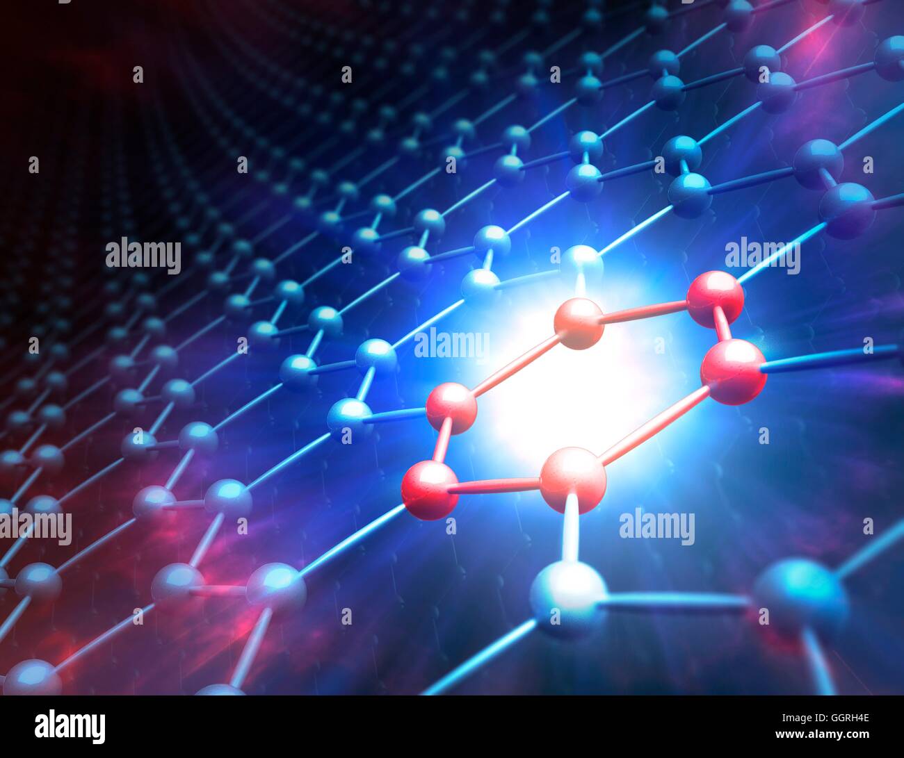 Graphene sheet. Graphene is a planar sheet of carbon atoms arranged in a hexagonal pattern. Stacked graphene sheets form the common material graphite, used in pencils and industry. Graphene is very strong and flexible. It transports electrons highly effic Stock Photo