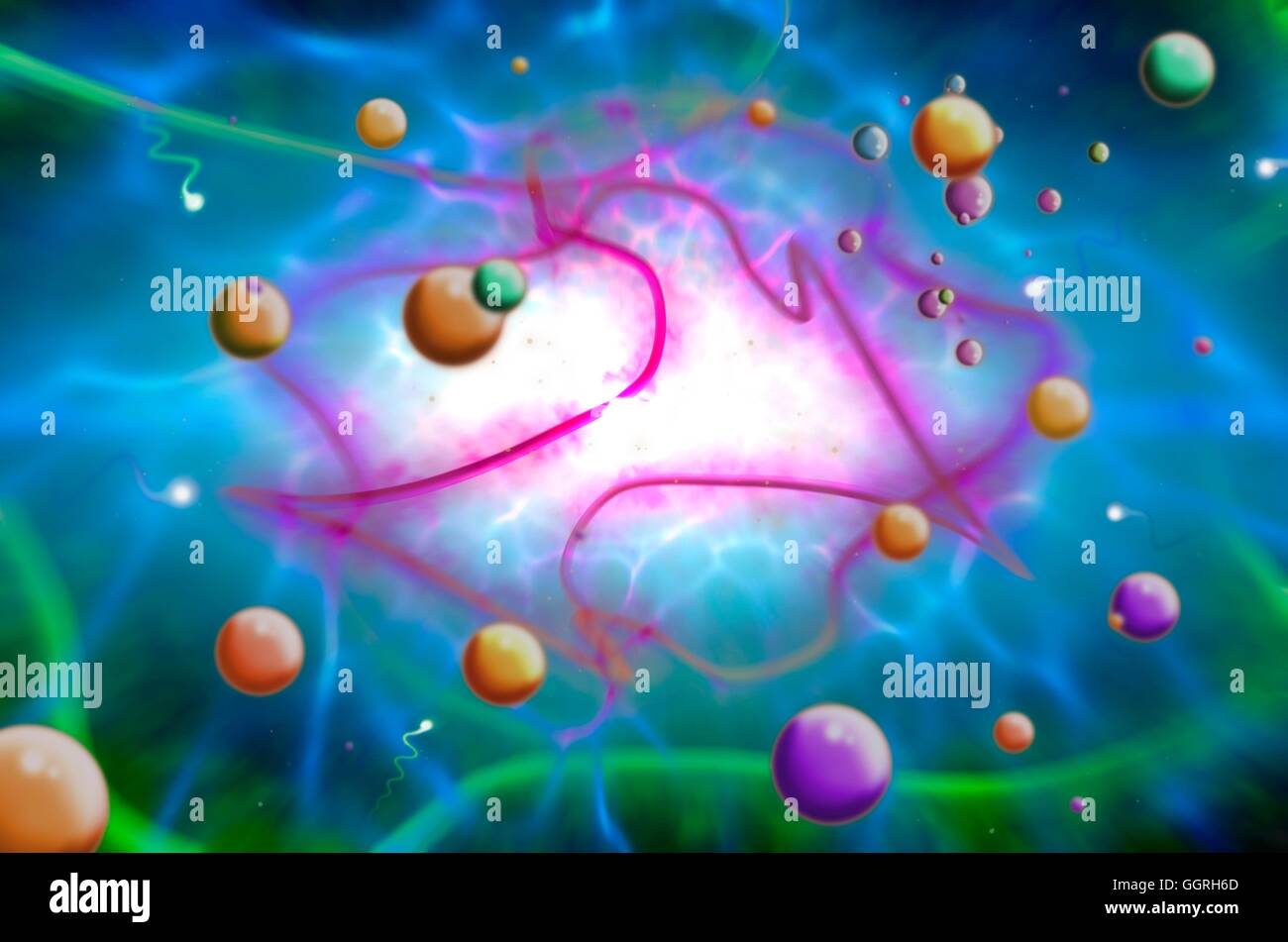 Superstrings, conceptual computer artwork. The superstring theory is a Theory of Everything (Grand Unification Theory), which seeks to unite gravitational force with the other fundamental forces (electromagnetism and nuclear forces) that are already descr Stock Photo