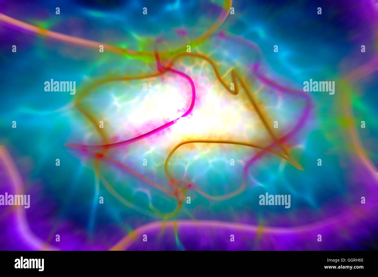 Superstrings, conceptual computer artwork. The superstring theory is a Theory of Everything (Grand Unification Theory), which seeks to unite gravitational force with the other fundamental forces (electromagnetism and nuclear forces) that are already descr Stock Photo