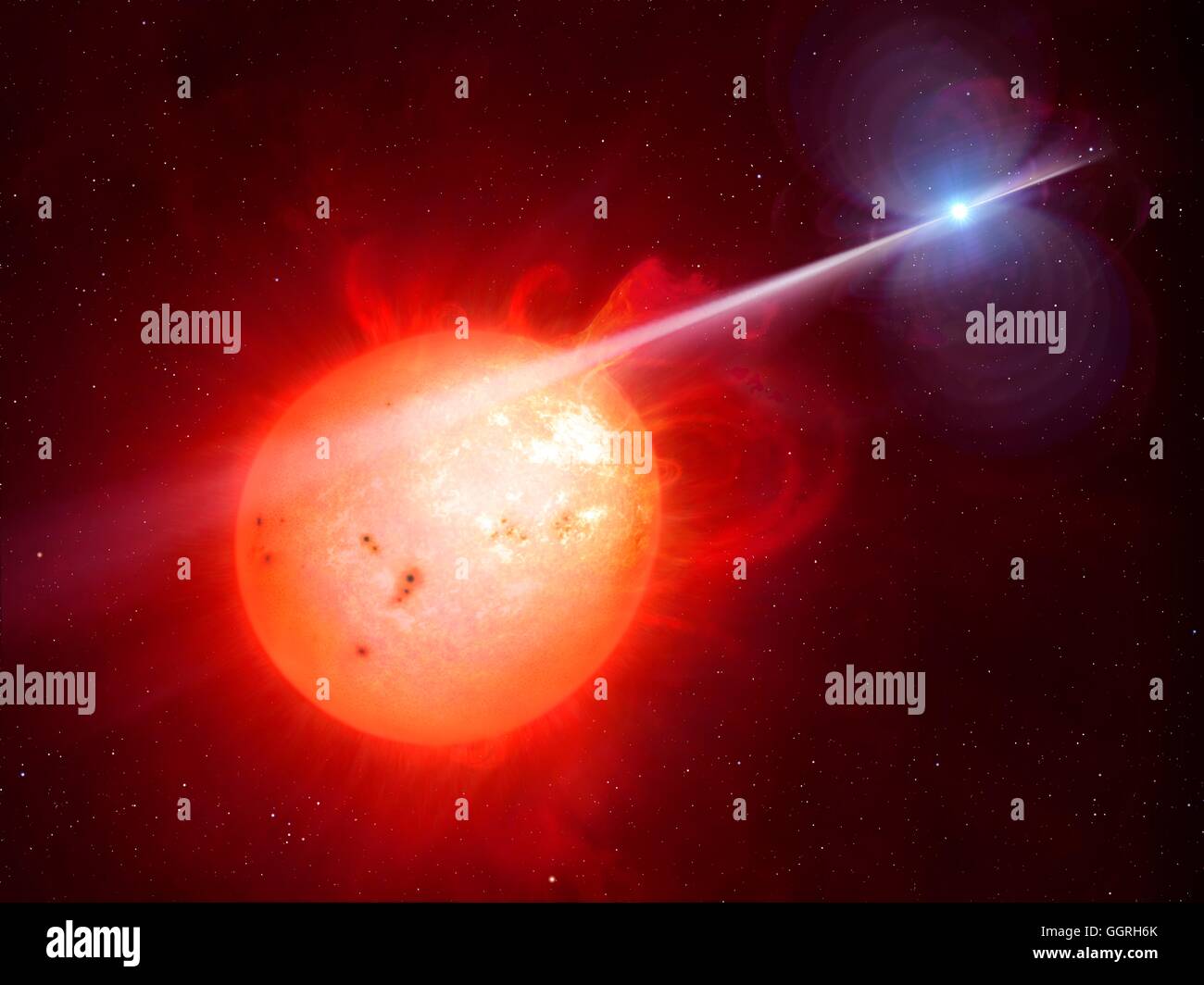 AR Sco curious interacting binary star, depicted in artist's impression. system consists red dwarf (left), distorted in shape due gravity its companion, highly magnetized white dwarf (right). system somewhat so-called intermediate polar â€“ in gas transfe Stock Photo