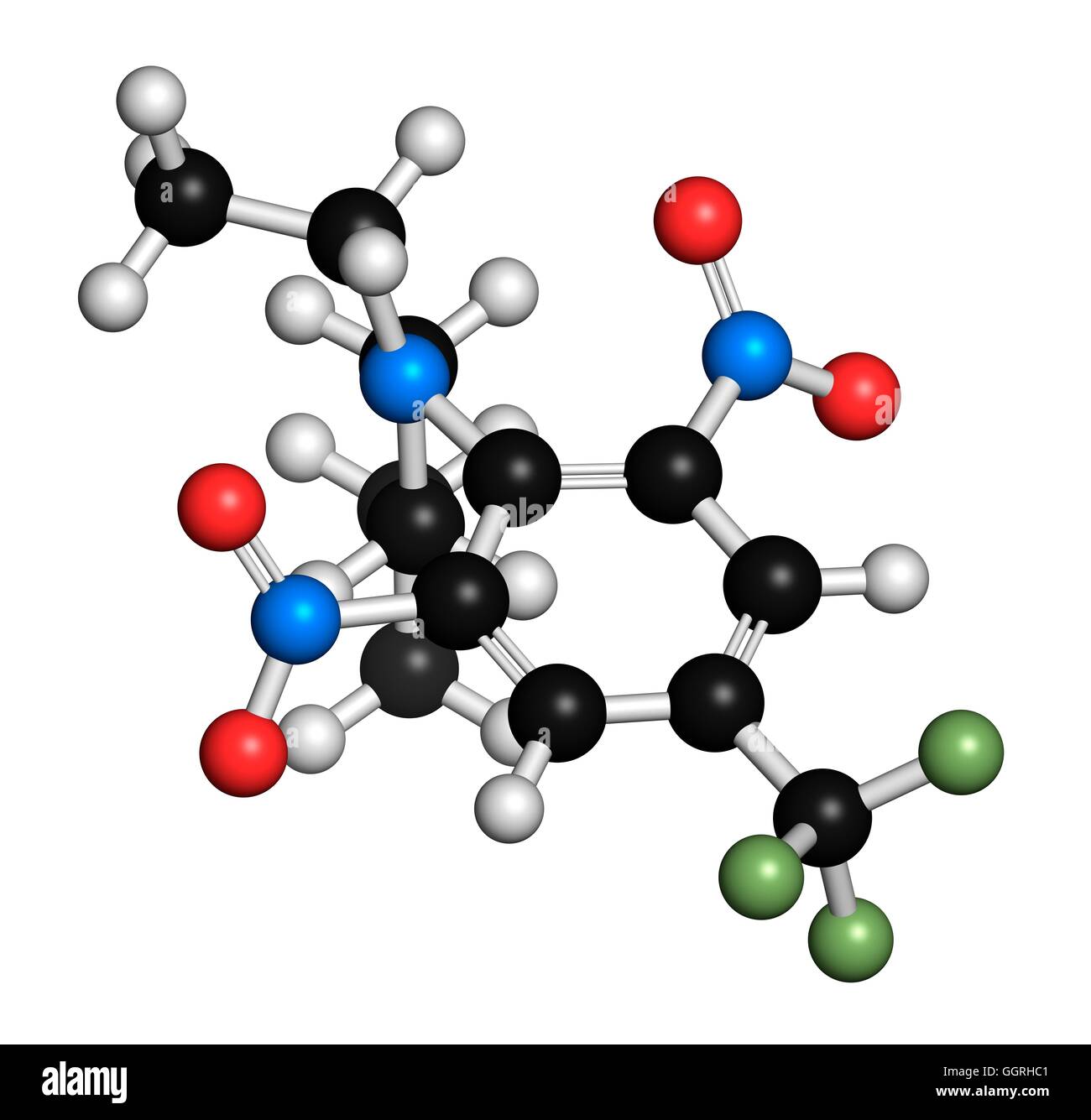 Benfluralin herbicide, molecular model. Atoms are represented as spheres with conventional colour coding: hydrogen (white), carbon (black), oxygen (red), nitrogen (blue), fluorine (light green). Illustration. Stock Photo
