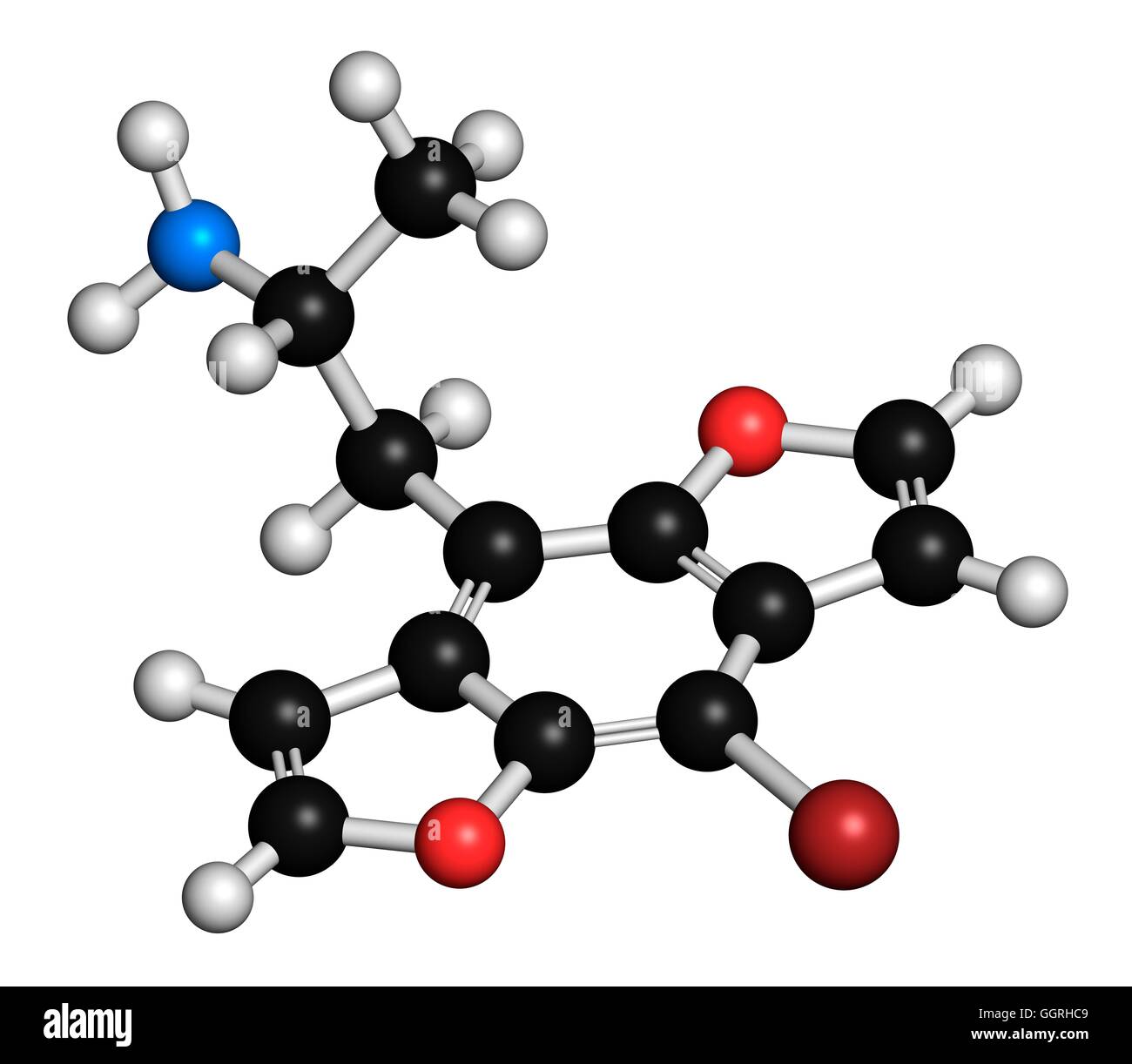 BromodragonFLY hallucinogenic drug, molecular model. Atoms are