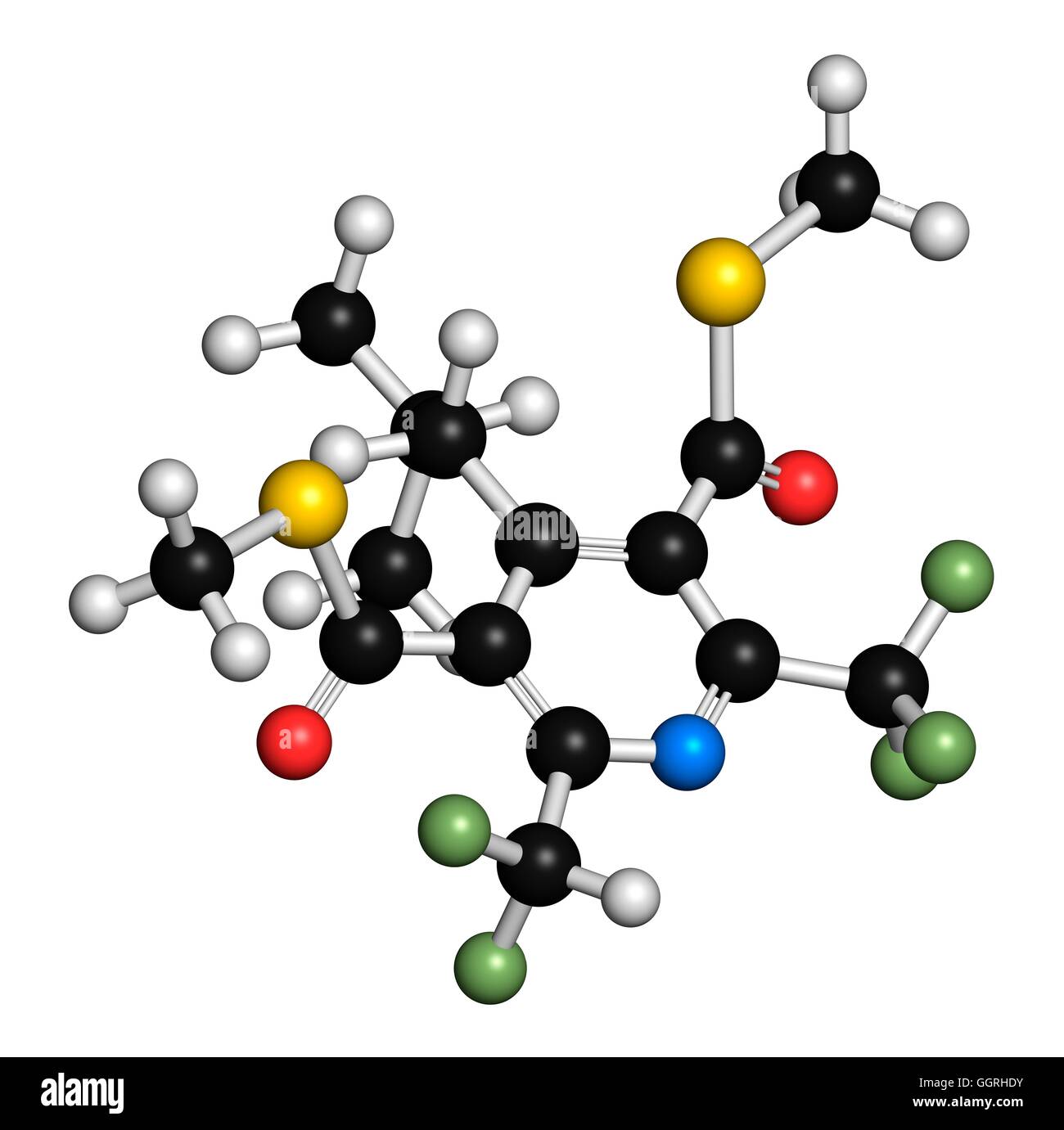 Dithiopyr preemergent herbicide, molecular model. Atoms are represented as spheres with conventional colour coding: hydrogen (white), carbon (black), oxygen (red), nitrogen (blue), sulphur (yellow), fluorine (light green). Illustration. Stock Photo