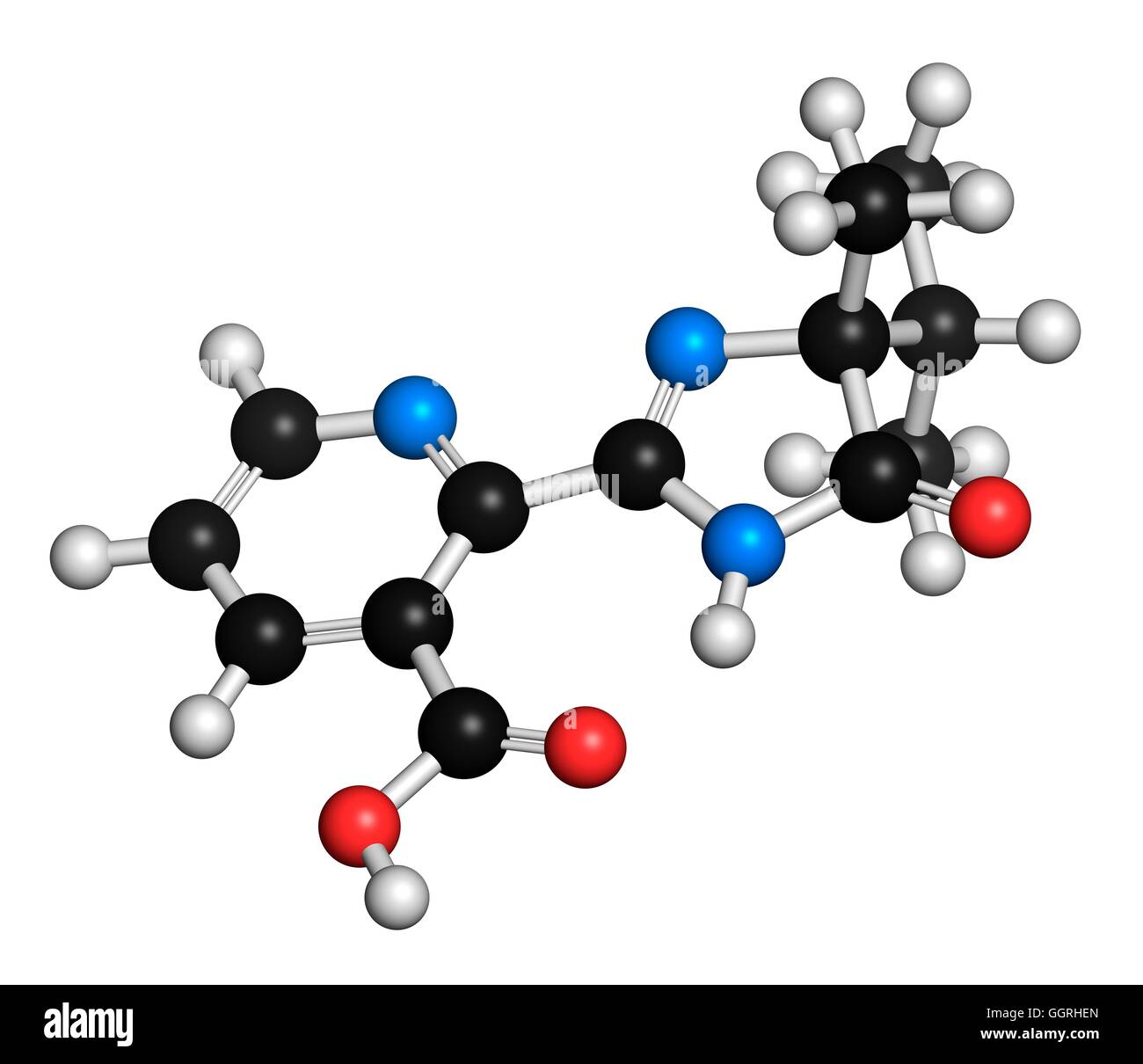 Imazapyr herbicide, molecular model. Atoms are represented as spheres with conventional colour coding: hydrogen (white), carbon (black), nitrogen (blue), oxygen (red). Illustration. Stock Photo