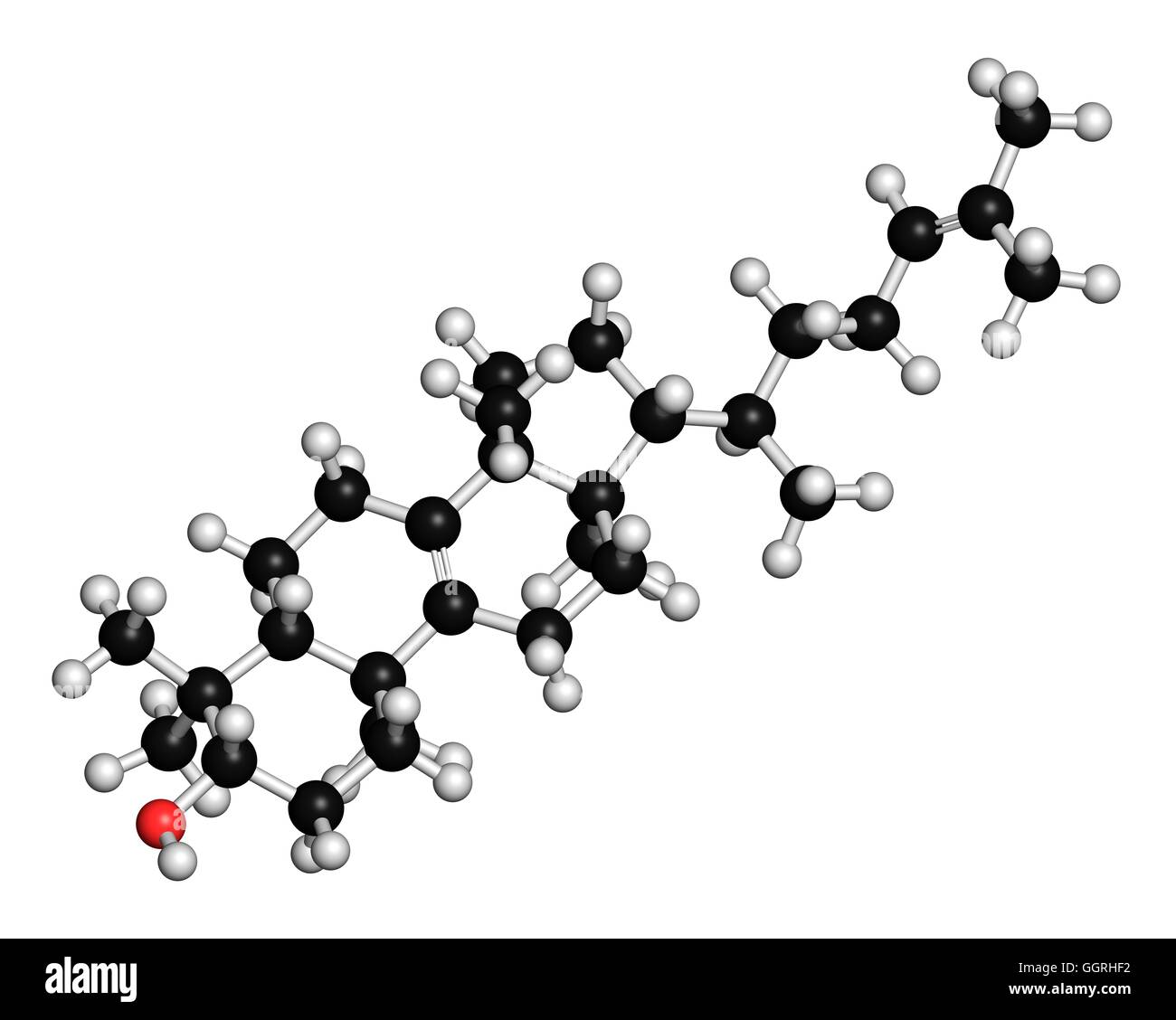 Lanosterol molecule. Investigated for treatment of cataract. 3D rendering. Atoms are represented as spheres with conventional colour coding: hydrogen (white), carbon (black), oxygen (red). Illustration. Stock Photo