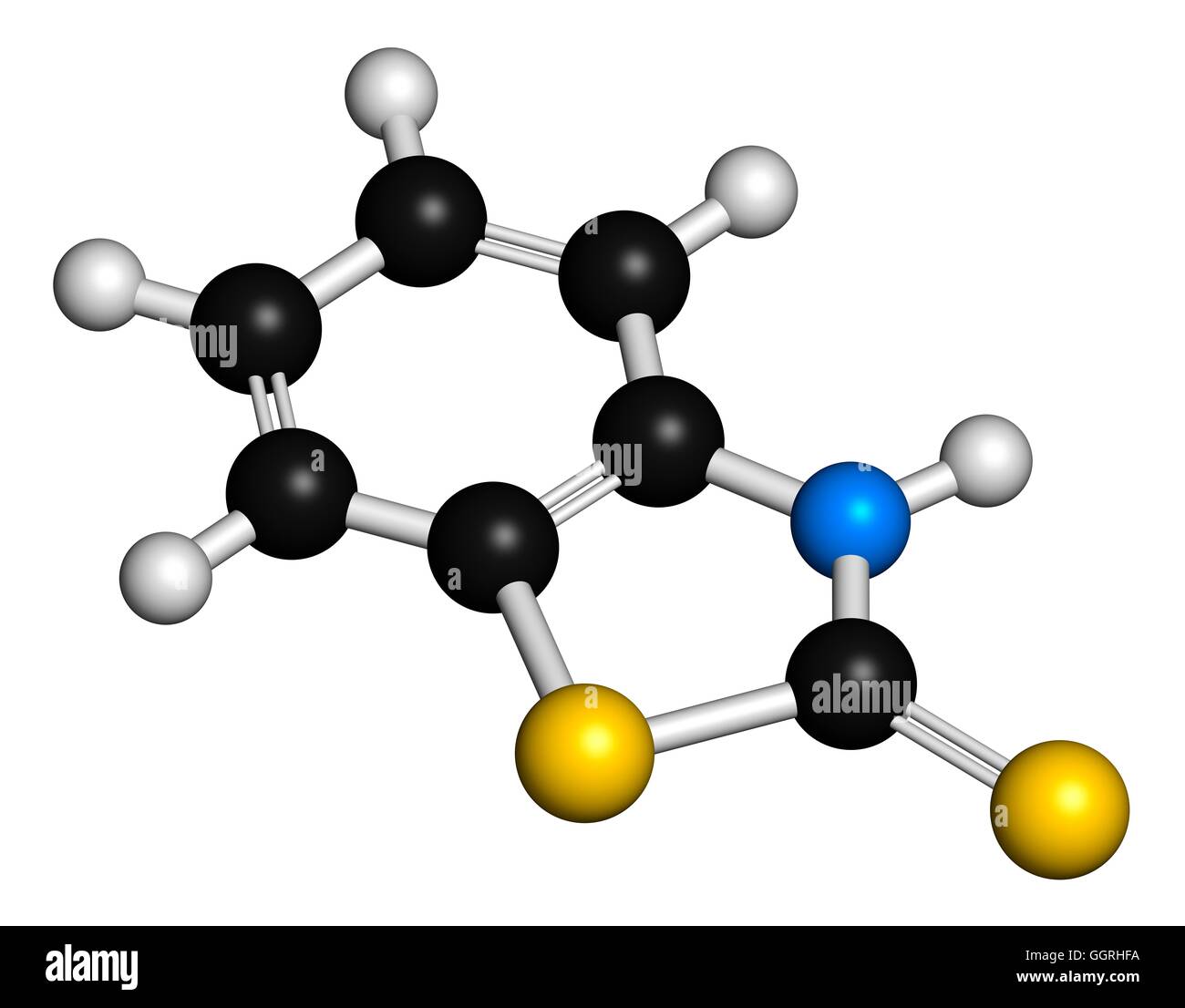 Mercaptobenzothiazole (MBT) skin sensitizer molecule. Used as rubber vulcanising agent. 3D rendering. Atoms are represented as spheres with conventional colour coding: hydrogen (white), carbon (black), sulphur (yellow), nitrogen (blue). Illustration. Stock Photo