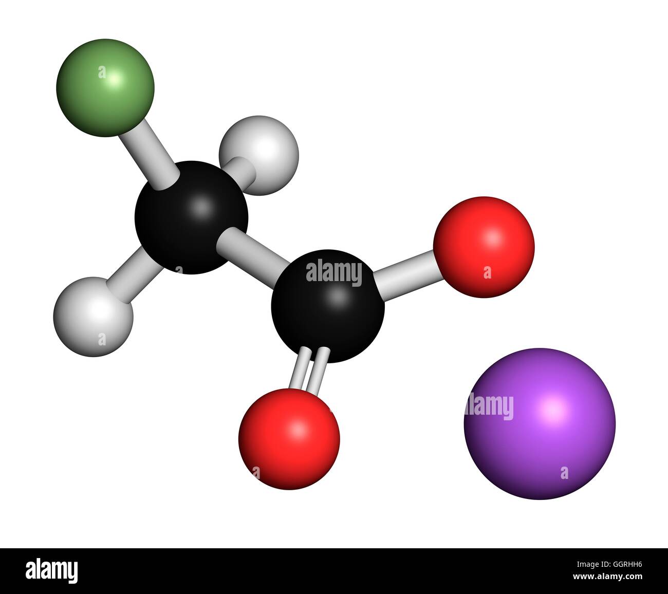 Sodium fluoroacetate pesticide (1080), chemical structure. 3D rendering. Atoms are represented as spheres with conventional colour coding: hydrogen (white), carbon (black), oxygen (red), fluorine (light green), sodium (purple). Illustration. Stock Photo