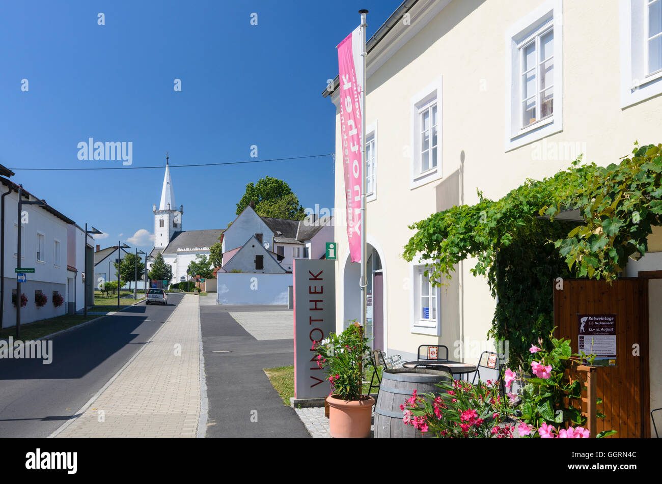 Neckenmarkt: wine shop and Holy Spirit Church, Austria, Burgenland, Stock Photo
