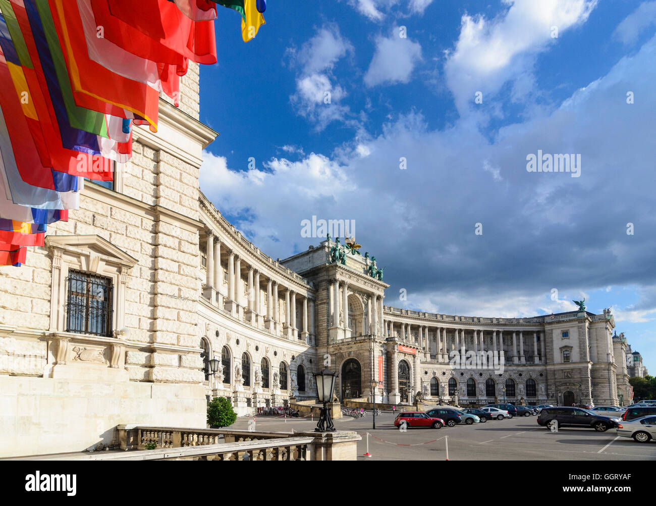 Wien, Vienna: New Hofburg with the office of the OSCE and the flags of the member countries, Austria, Wien, 01. Stock Photo