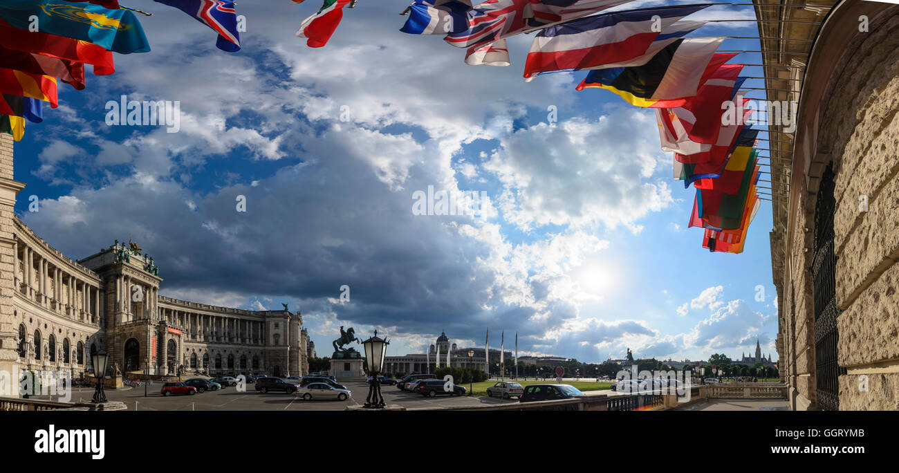Wien, Vienna: Neue Hofburg ( left) with the headquarters of the OSCE and the flags of the member countries, Austria, Wien, 01. Stock Photo