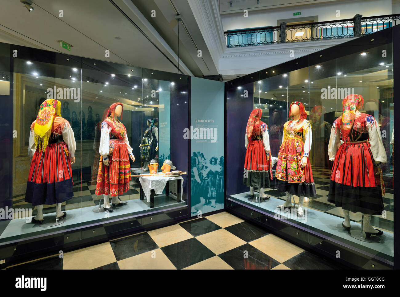 Portugal, Minho: Several traditional costumes in a glass vitrine of Museu do Traje in Viana do Castelo Stock Photo