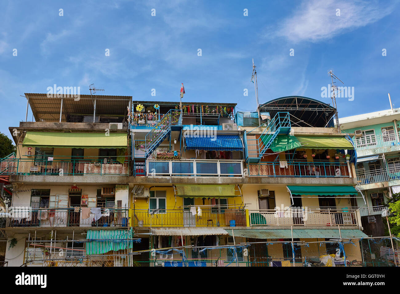 Tightly Spaced Residential Apartment Buildings On Cheung Chau Island, Hong Kong. Stock Photo