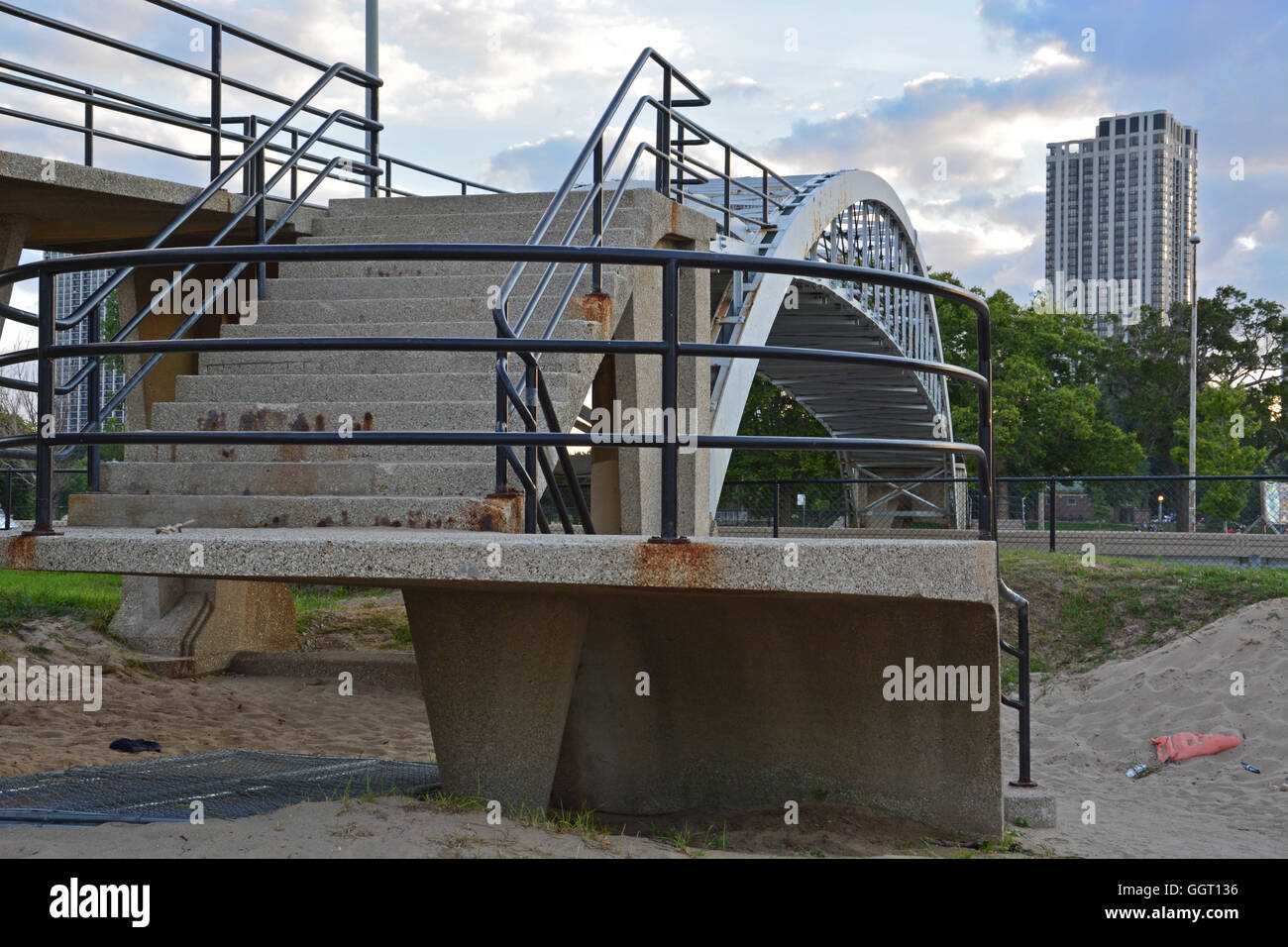 Built in 1938, the pedestrian bridge over Lake Shore Drive leads from