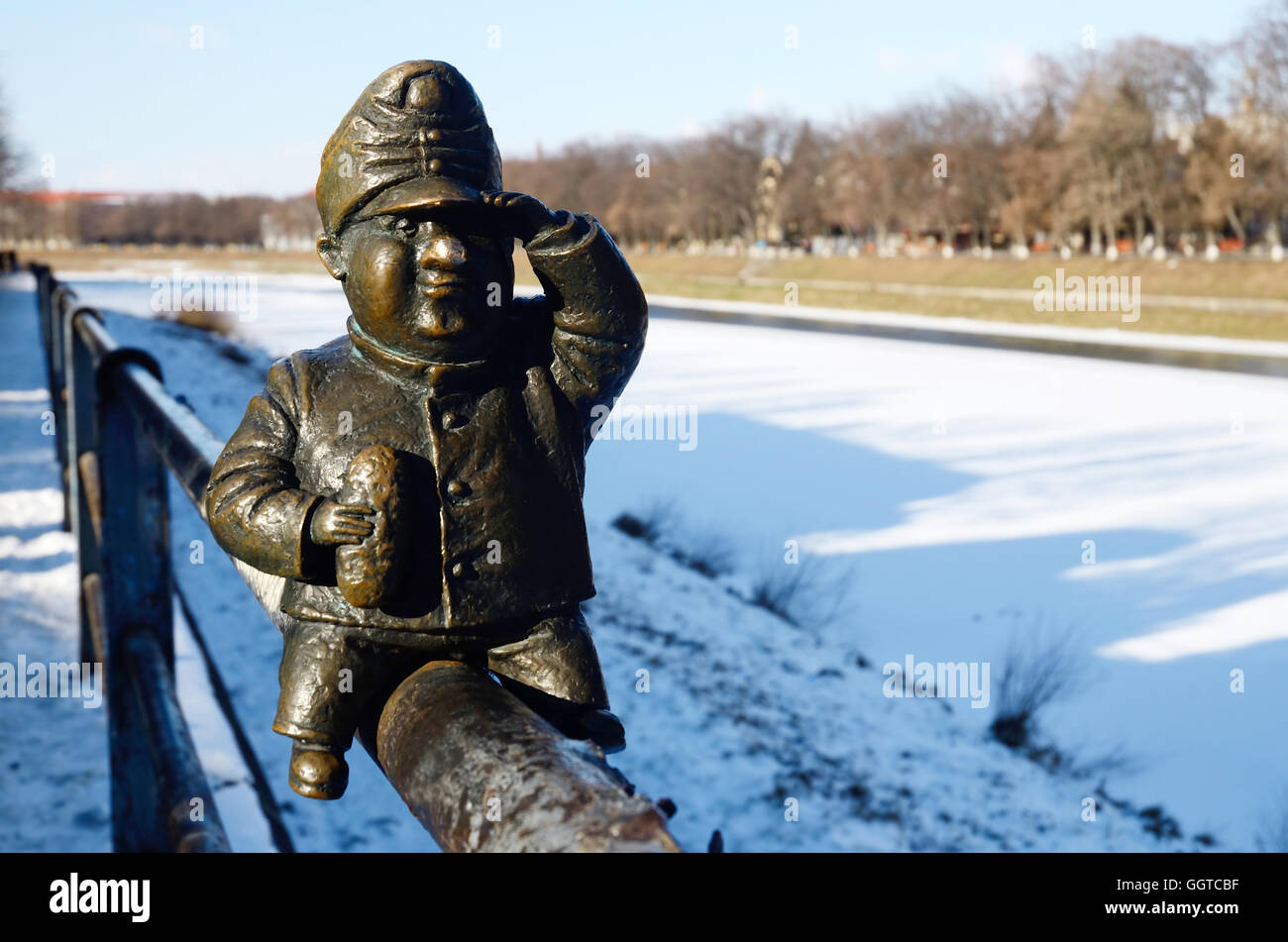 UZHGOROD,UKRAINE - JANUARY 6,2015:Small bronze statue of literary personage Good Soldier Svejks at Kyivska embankment of river U Stock Photo