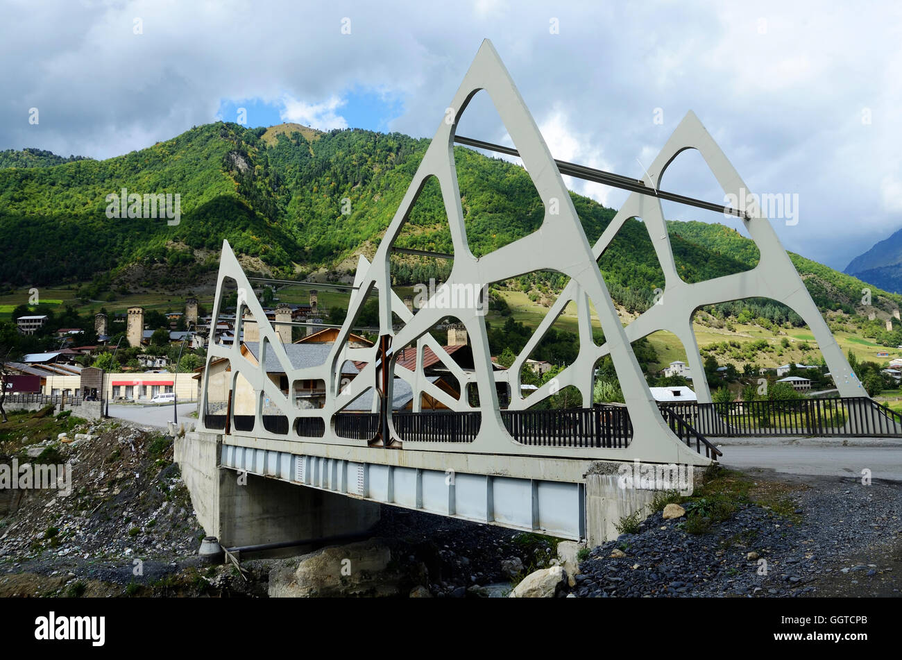 View of Mestia futuristic modern bridge,Upper Svaneti, Georgia,Transcaucasia Stock Photo